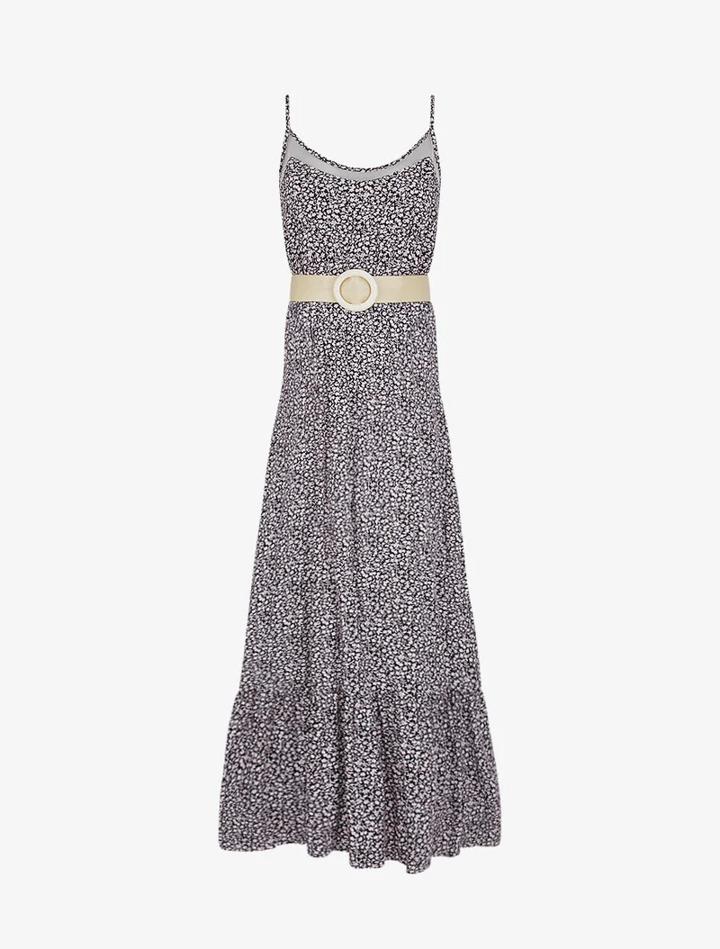 Robe longue à col à détail tulle - Noir
