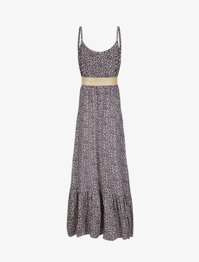 Robe longue à col à détail tulle - Noir