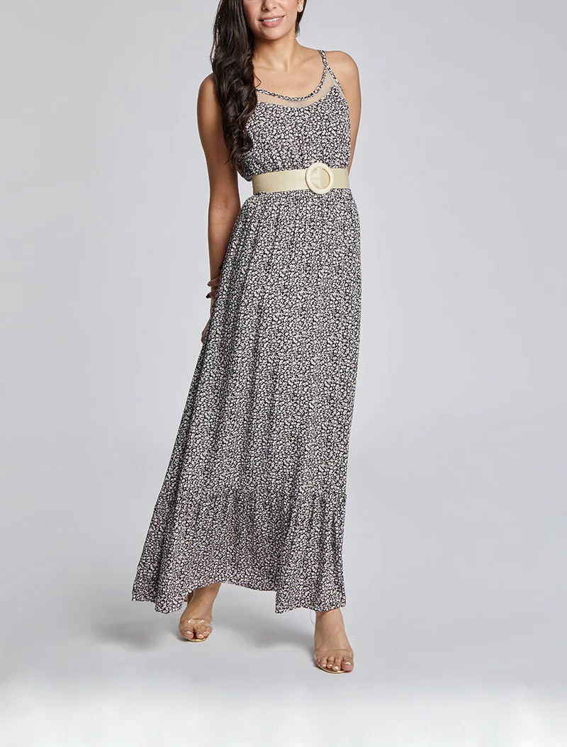 Robe longue à col à détail tulle - Noir