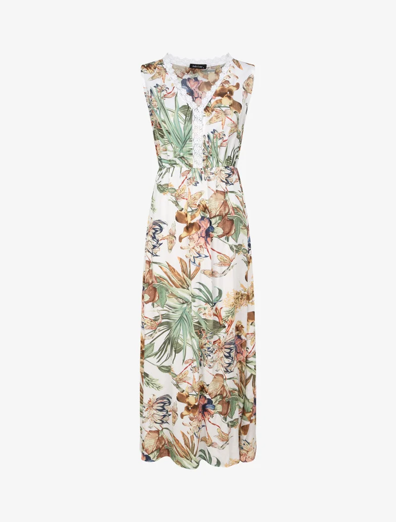 Robe longue en coton imprimé fleurs tropicales - Blanc