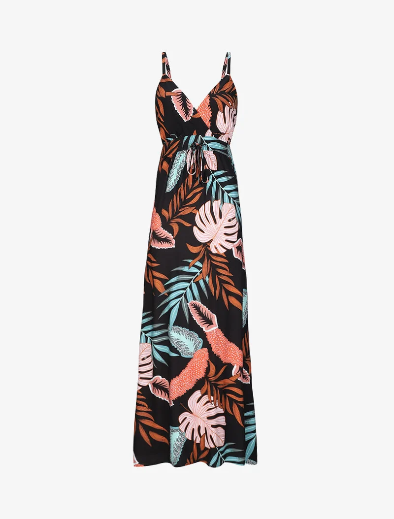 Robe longue empire imprimé plantes tropicales à bretelles - Noir