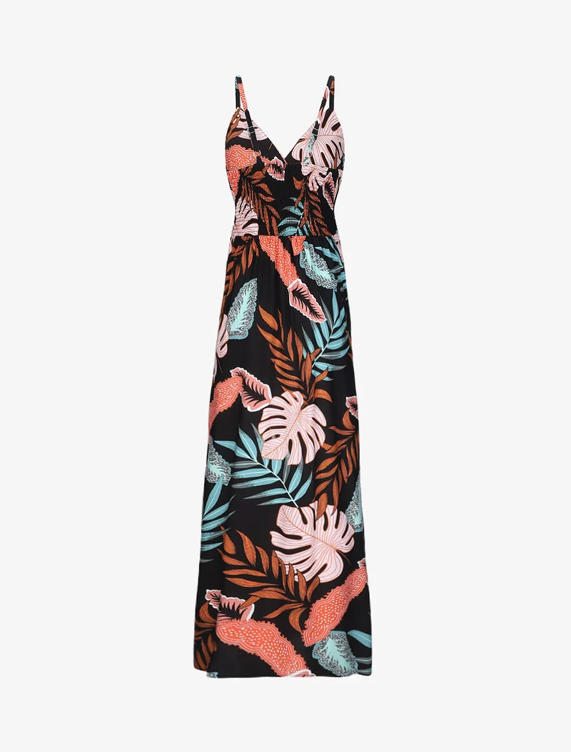 Robe longue empire imprimé plantes tropicales à bretelles - Noir
