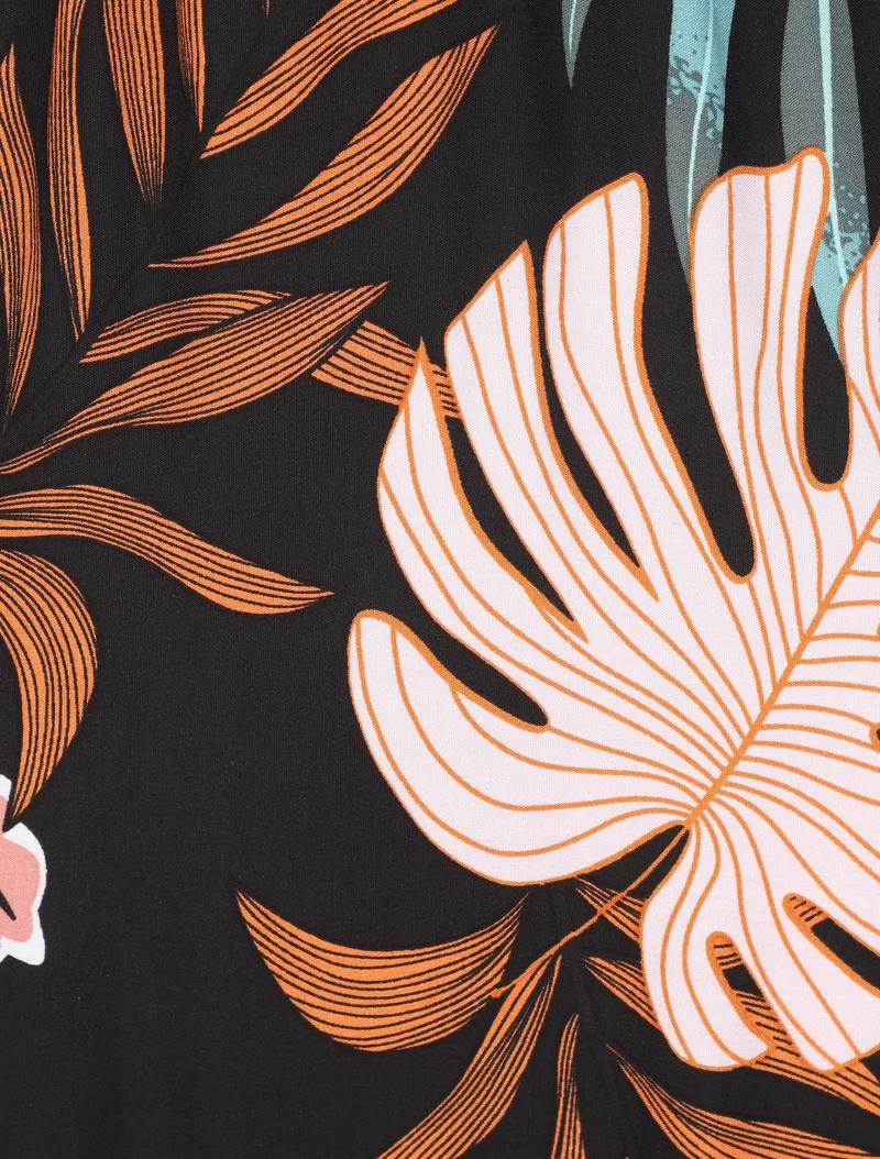 Robe longue empire imprimé plantes tropicales à bretelles - Noir