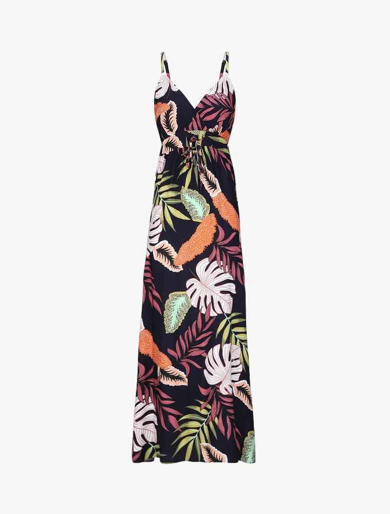 Robe longue empire imprimé plantes tropicales à bretelles - Marine