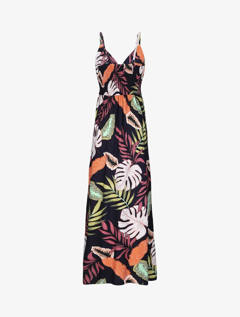 Robe longue empire imprimé plantes tropicales à bretelles - Marine