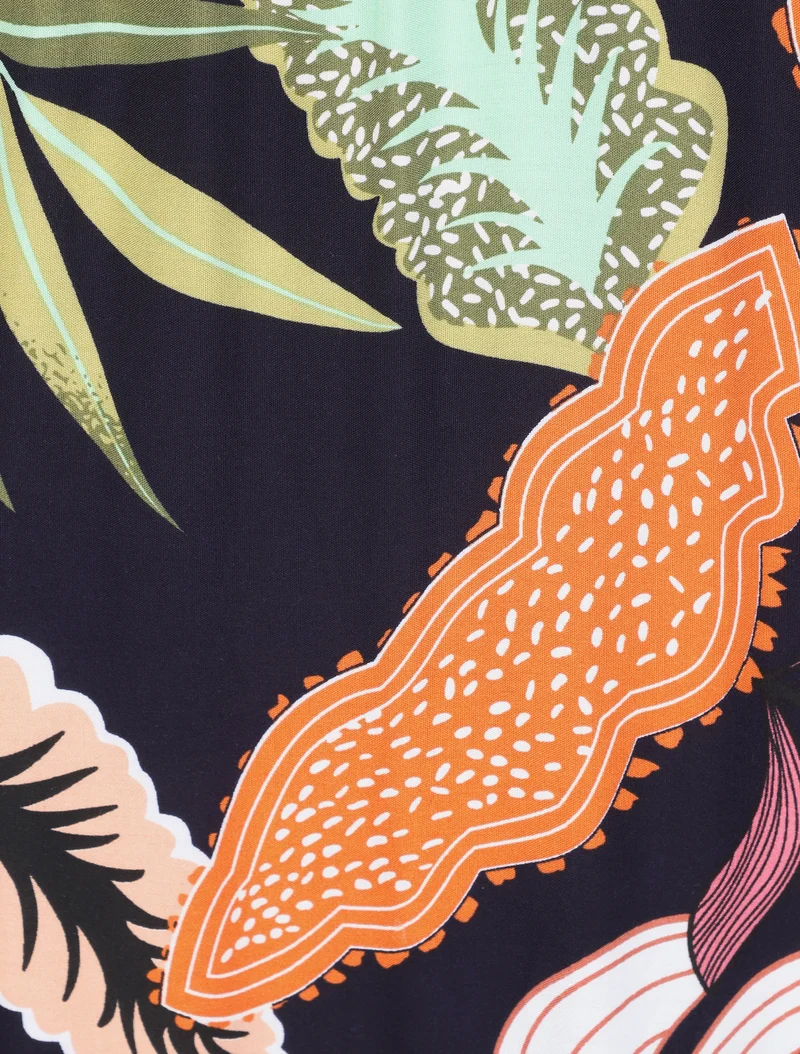 Robe longue empire imprimé plantes tropicales à bretelles - Marine