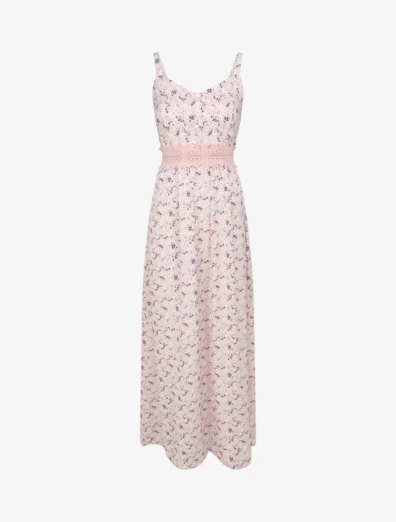 Robe longue imprimée petites fleurs à boutons décoratifs - Rose