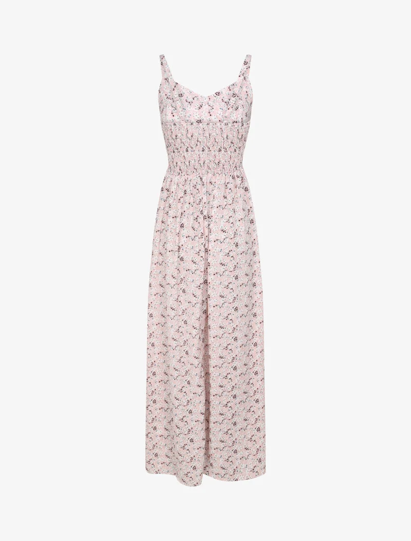 Robe longue imprimée petites fleurs à boutons décoratifs - Rose
