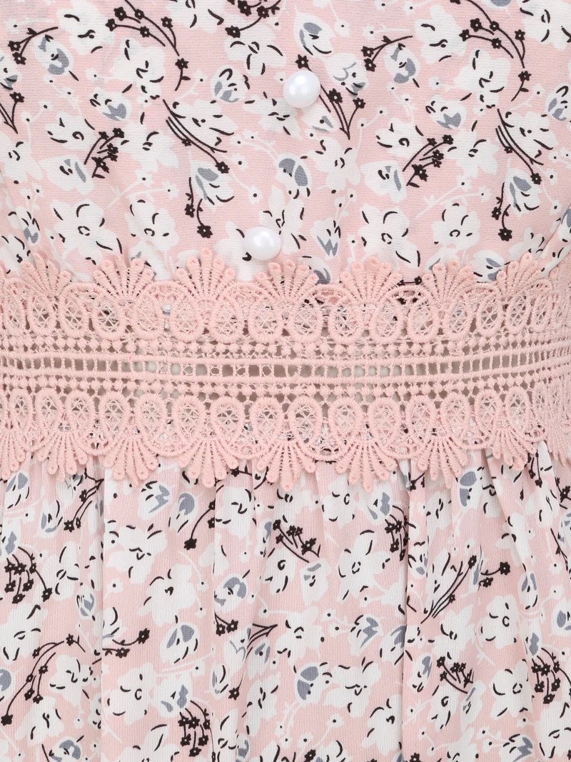 Robe longue imprimée petites fleurs à boutons décoratifs - Rose