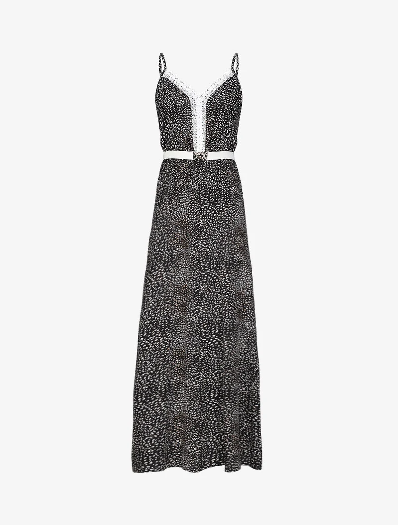 Robe longue patineuse à col dentelle et imprimé moucheté - Noir