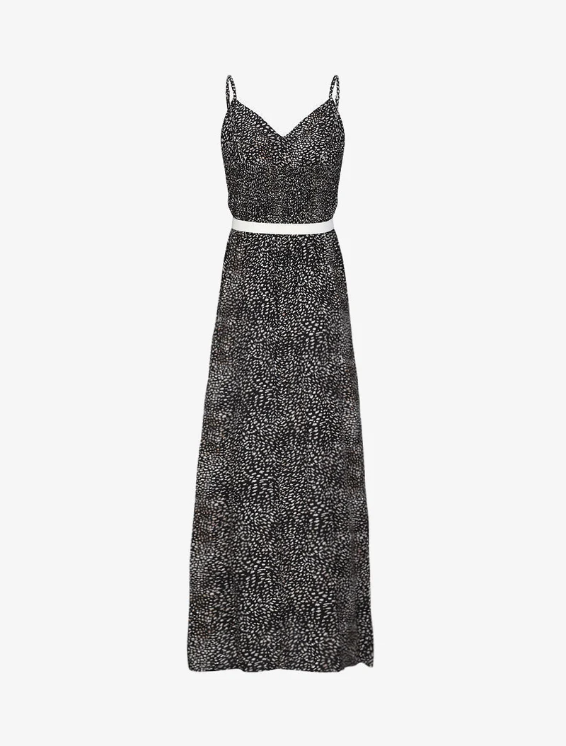 Robe longue patineuse à col dentelle et imprimé moucheté - Noir