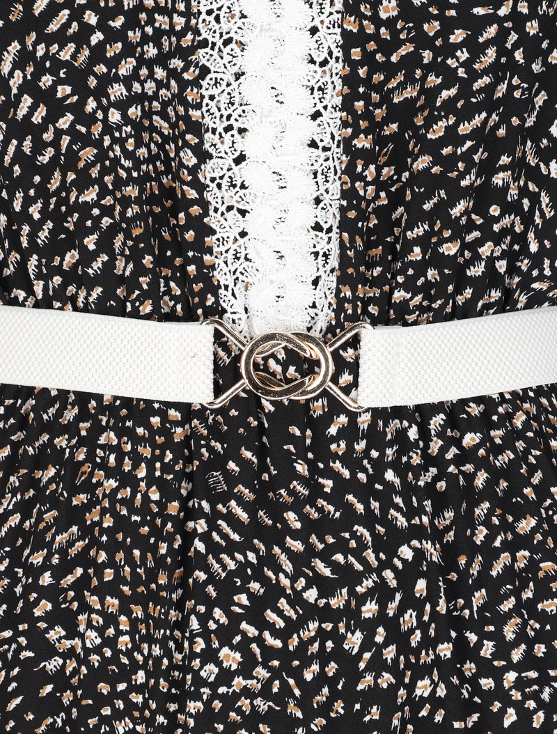 Robe longue patineuse à col dentelle et imprimé moucheté - Noir