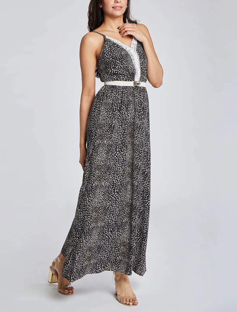 Robe longue patineuse à col dentelle et imprimé moucheté - Noir