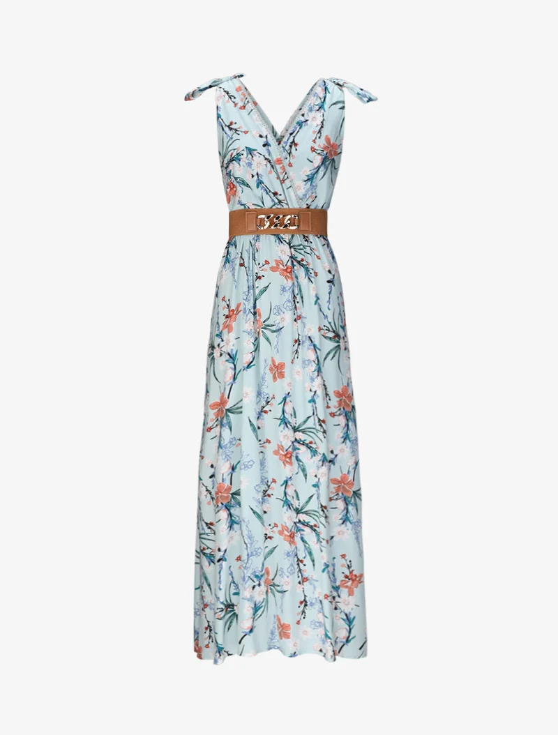 Robe longue empire à col cache-coeur imprimé bouquet fleuri - Bleu clair