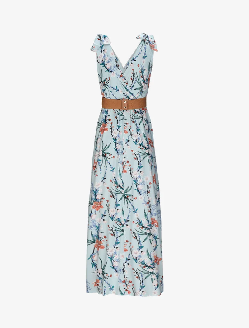 Robe longue empire à col cache-coeur imprimé bouquet fleuri - Bleu clair