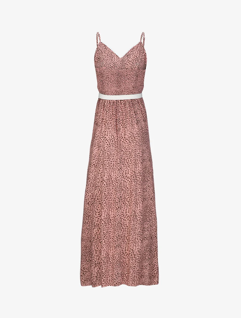Robe longue patineuse à col dentelle et imprimé moucheté - Rose
