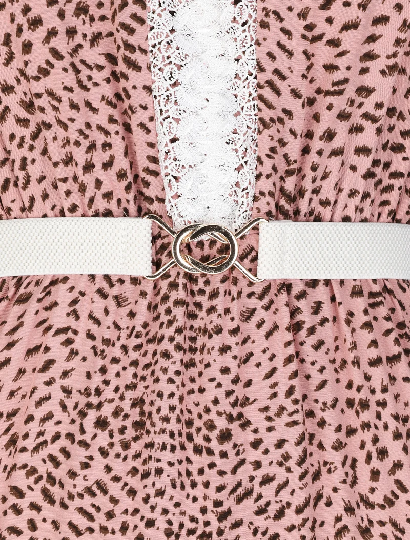 Robe longue patineuse à col dentelle et imprimé moucheté - Rose
