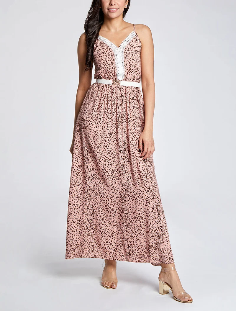 Robe longue patineuse à col dentelle et imprimé moucheté - Rose
