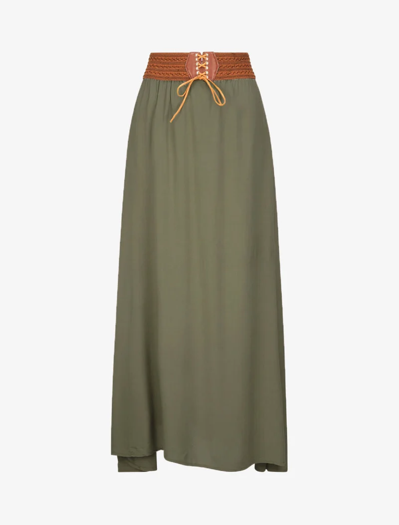 Jupe longue unie à taille haute contrastante - Kaki