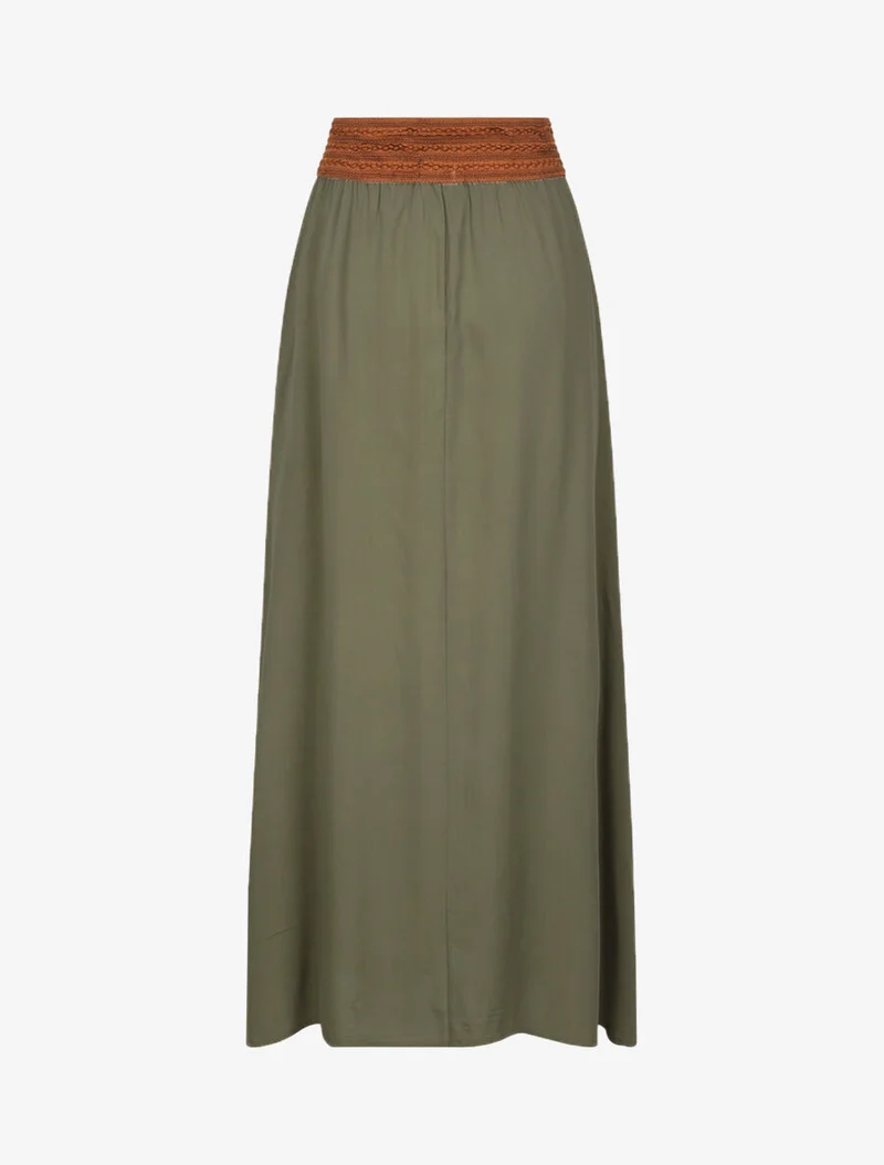 Jupe longue unie à taille haute contrastante - Kaki