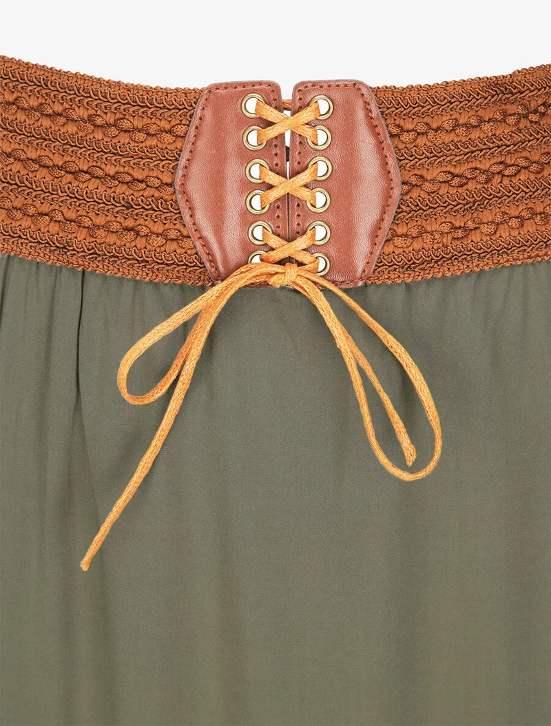 Jupe longue unie à taille haute contrastante - Kaki