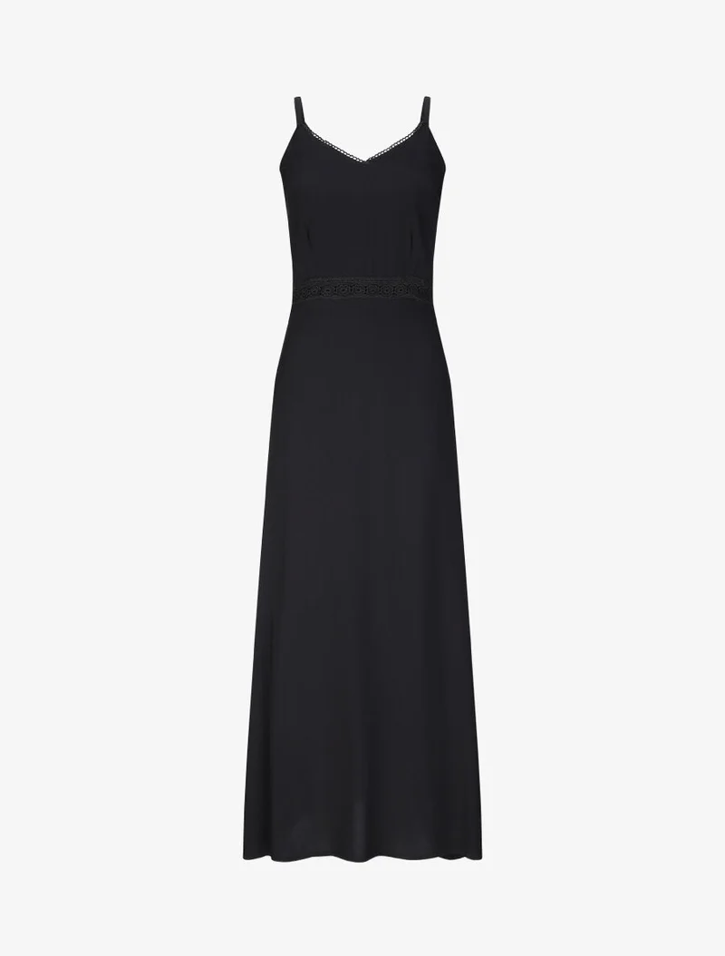 Robe longue évasée unie à taille en crochet - Noir