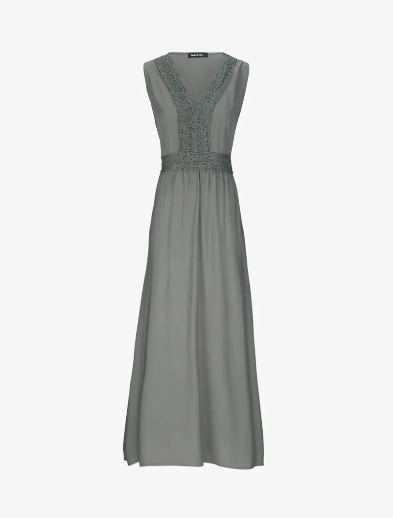 Robe longue évasée unie à col en crochet - Kaki