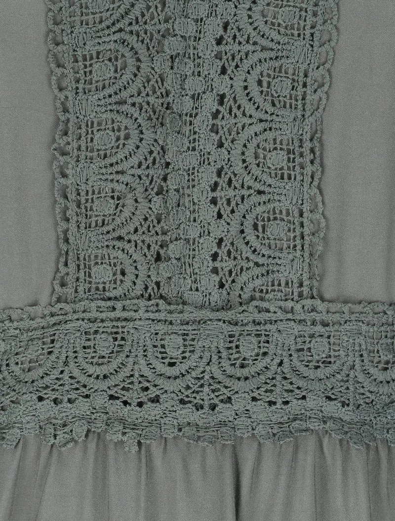 Robe longue évasée unie à col en crochet - Kaki