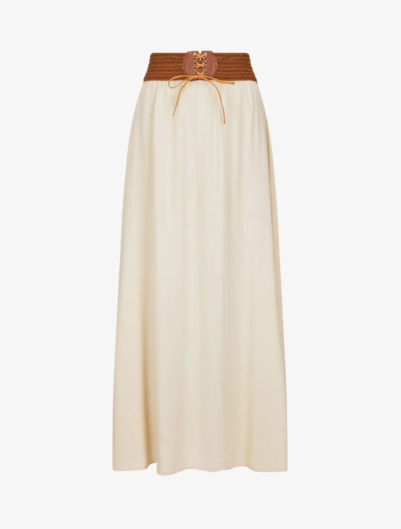 Jupe longue unie à taille haute contrastante - Beige