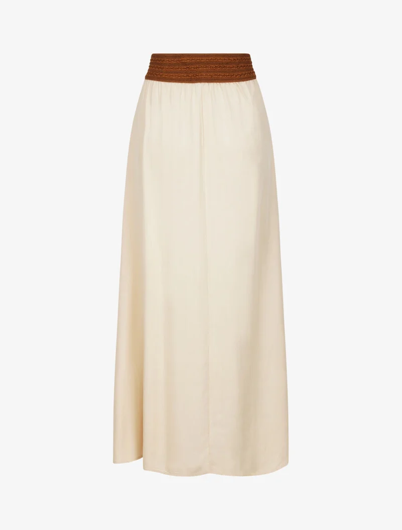 Jupe longue unie à taille haute contrastante - Beige