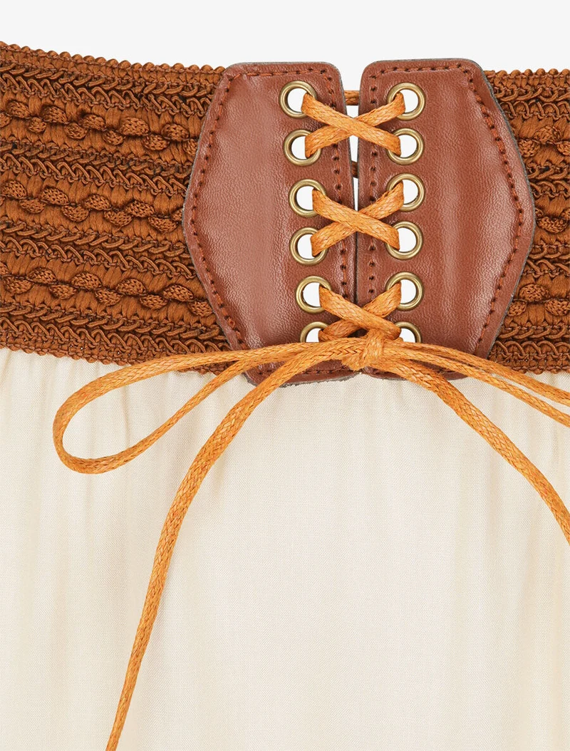 Jupe longue unie à taille haute contrastante - Beige