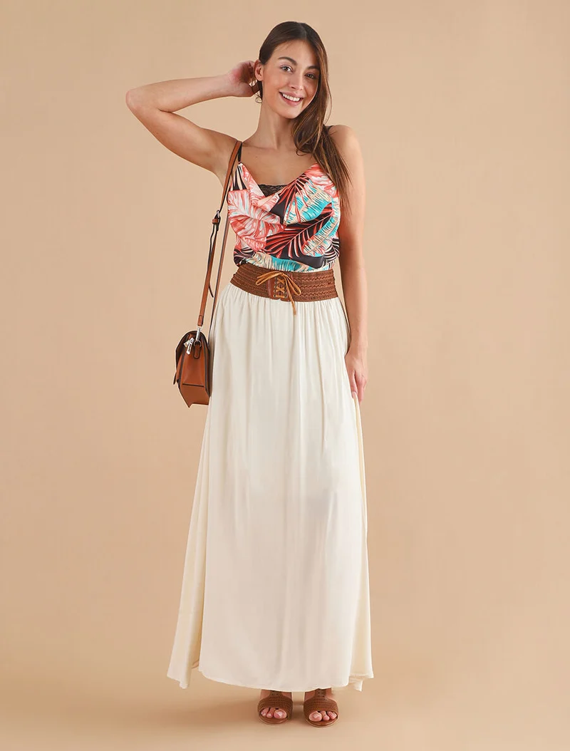 Jupe longue unie à taille haute contrastante - Beige