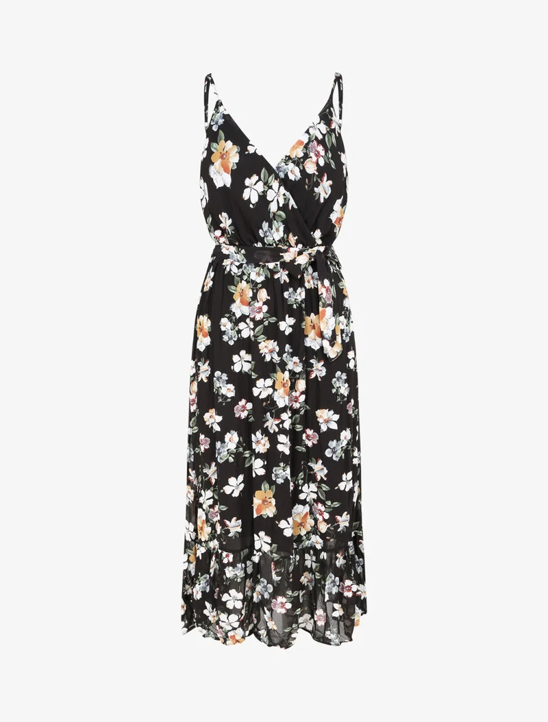 Robe longue cintrée imprimé fleurs - Noir