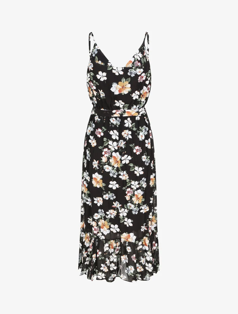 Robe longue cintrée imprimé fleurs - Noir
