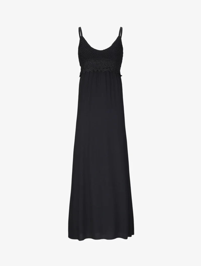 Robe longue empire unie à buste en crochet - Noir