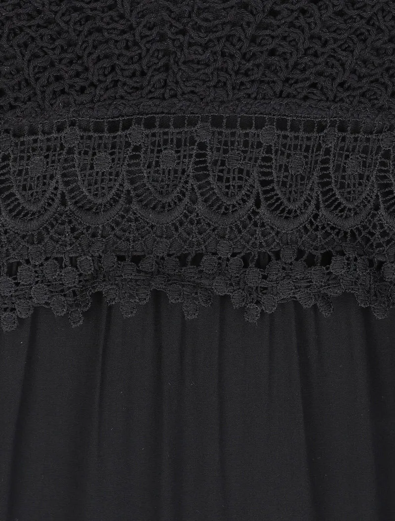 Robe longue empire unie à buste en crochet - Noir