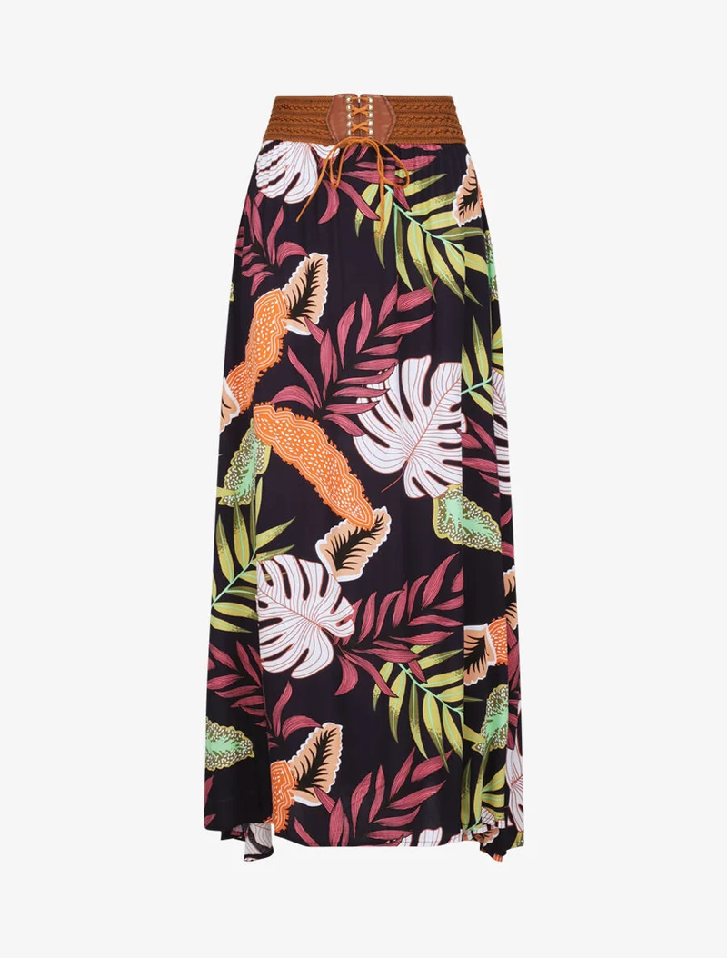 Jupe longue à imprimé tropical - Marine