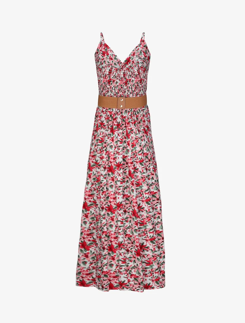 Robe longue empire à bretelles et imprimé fleurs abstraites - Blanc