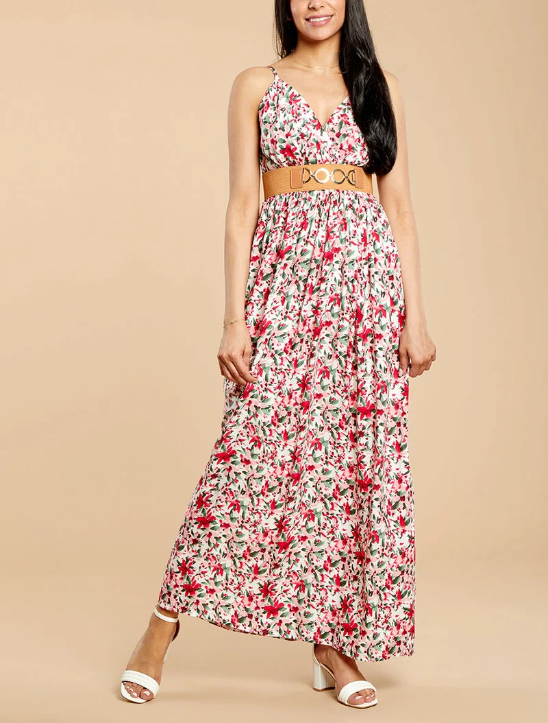 Robe longue empire à bretelles et imprimé fleurs abstraites - Blanc