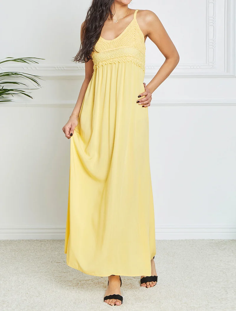 Robe longue empire unie à buste en crochet - Jaune