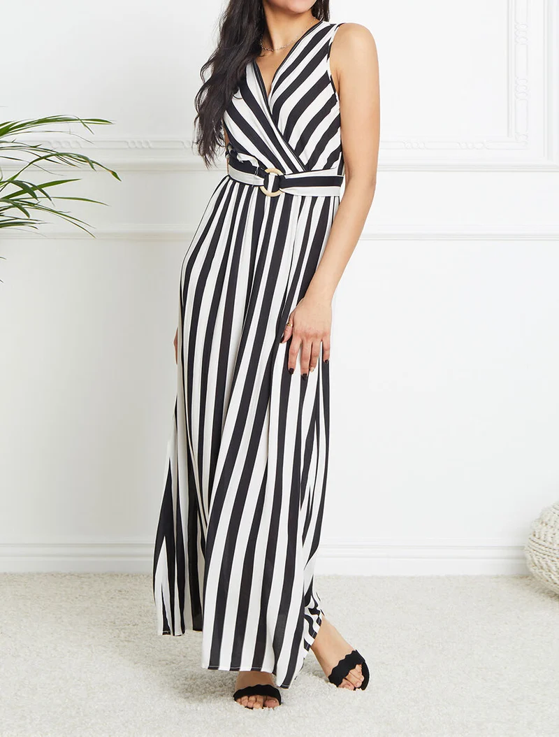 Robe longue empire imprimé rayé - Noir