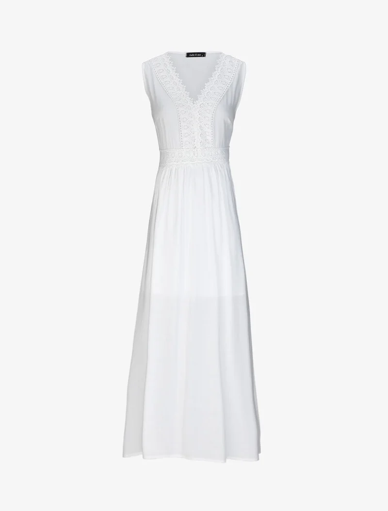 Robe longue évasée unie à col en crochet - Blanc