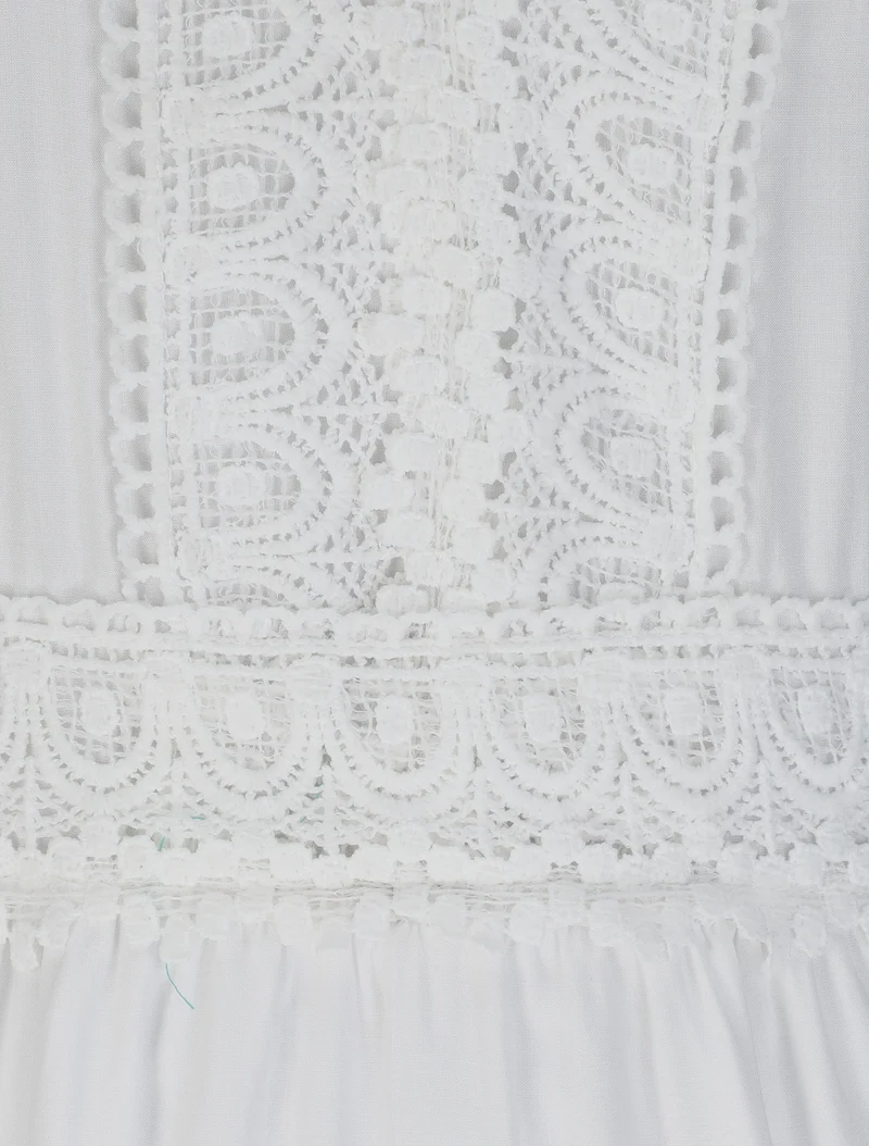 Robe longue évasée unie à col en crochet - Blanc