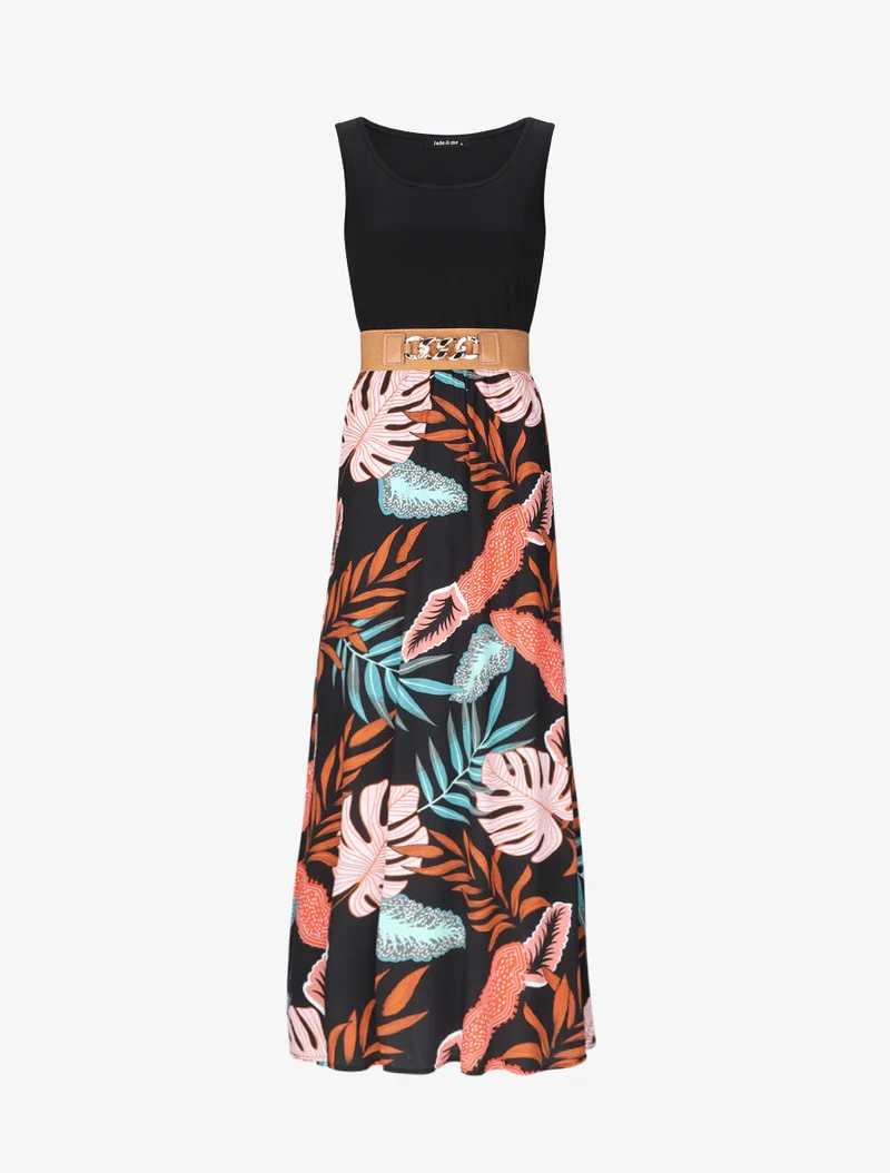 Robe longue patineuse bi-matière imprimé tropique - Noir