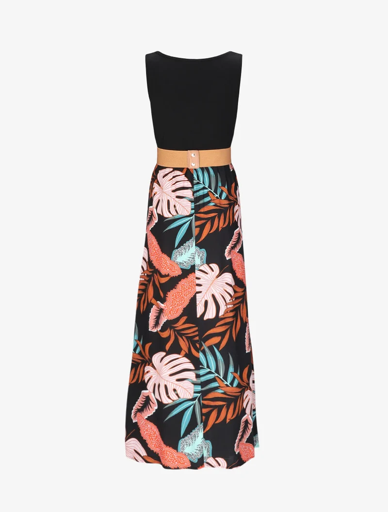 Robe longue patineuse bi-matière imprimé tropique - Noir