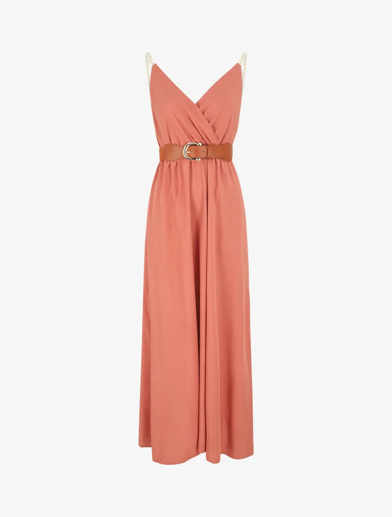 Robe longue unie à bretelles fantaisies - Corail
