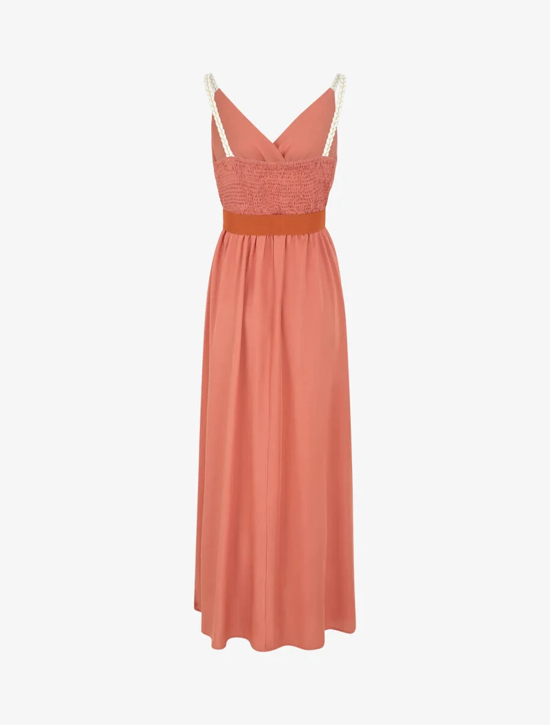 Robe longue unie à bretelles fantaisies - Corail
