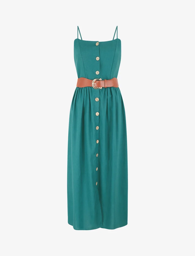 Robe unie effet lin - Bleu canard