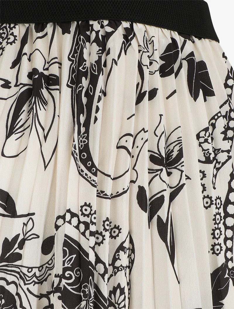 Jupe longue plissée imprimé foulard - Crème