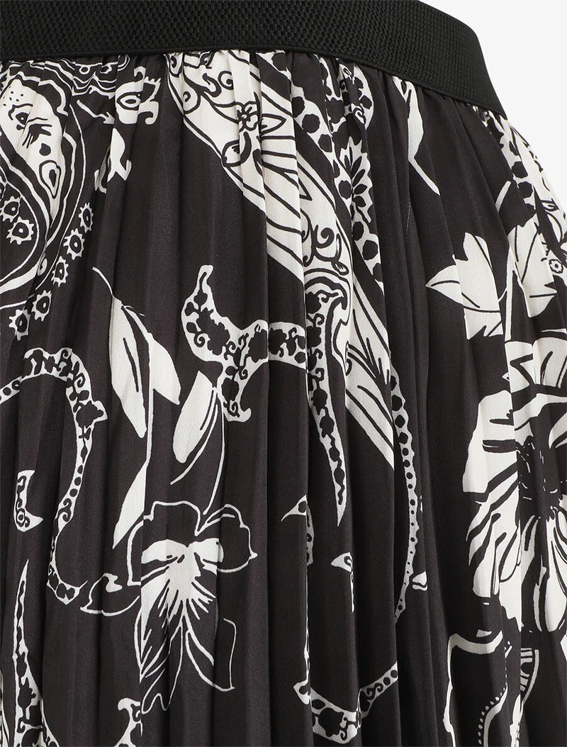 Jupe longue plissée imprimé foulard - Noir